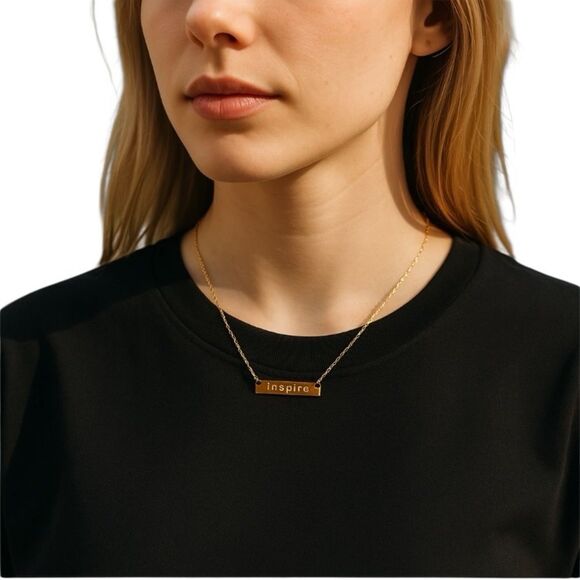 Jook Nona "Inspire"Gold Bar Necklace Dainty Inspirational 18K Gold-Plated 17.5"L - Picture 3 of 13